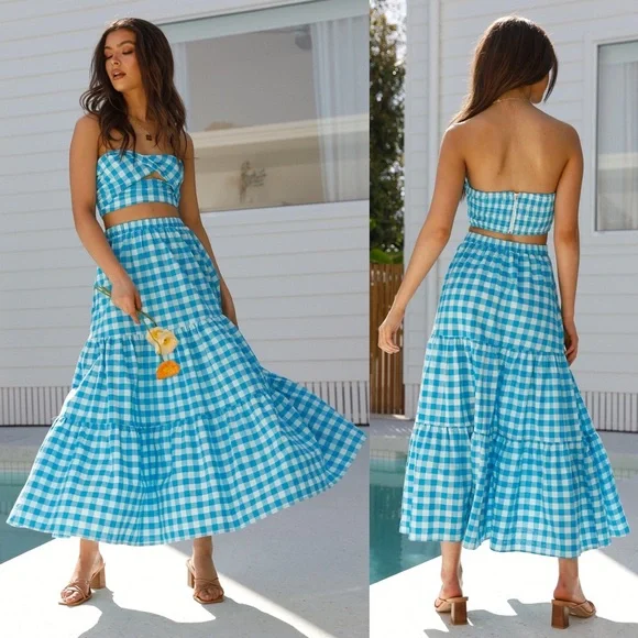ボトムス organic zoo Blue Gingham Skirt organic zoo】Pottery Blue Gingham Maker Crossback Skirt 【1